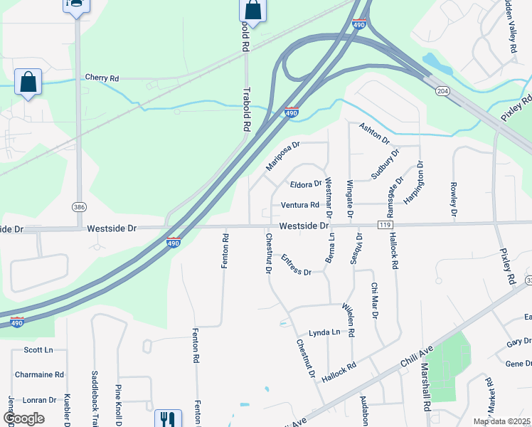 map of restaurants, bars, coffee shops, grocery stores, and more near 221 Westmar Drive in Rochester
