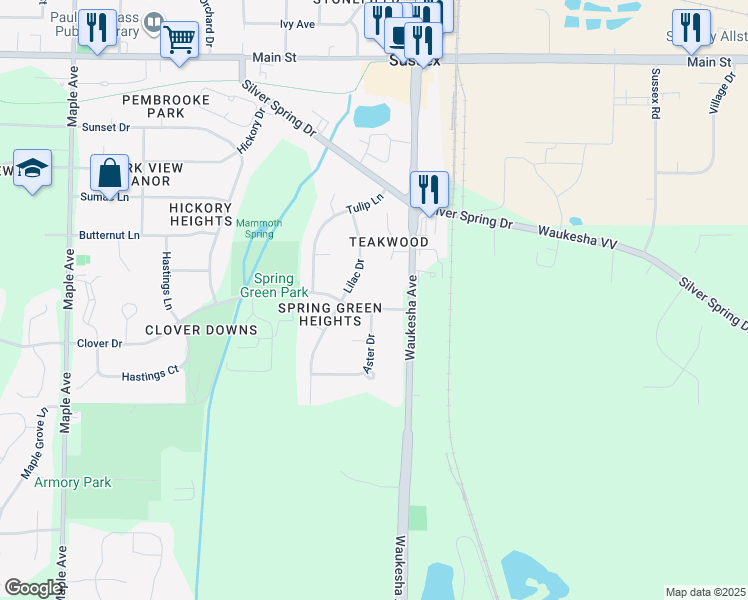 map of restaurants, bars, coffee shops, grocery stores, and more near W233N6006 Lilac Drive in Sussex