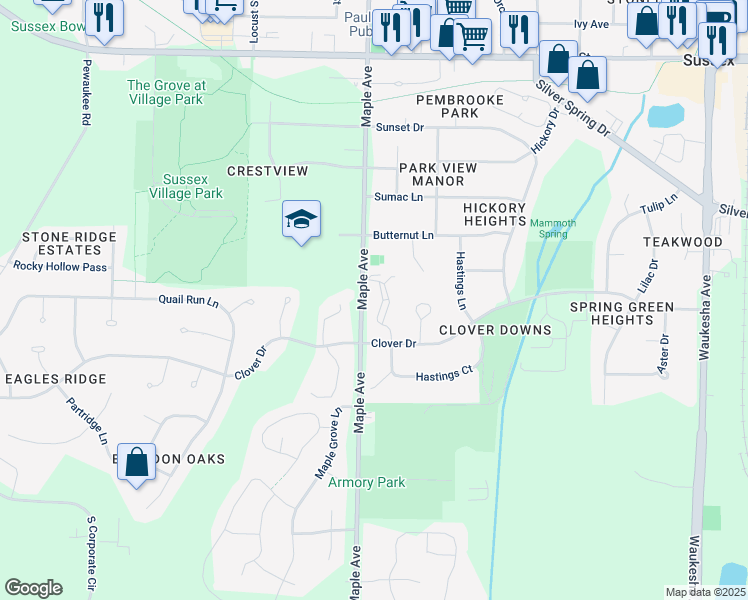 map of restaurants, bars, coffee shops, grocery stores, and more near W239 N6000 Maple Avenue in Sussex