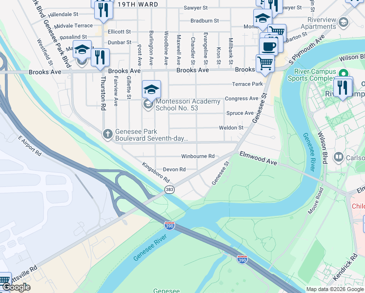 map of restaurants, bars, coffee shops, grocery stores, and more near 175 Genesee Park Boulevard in Rochester