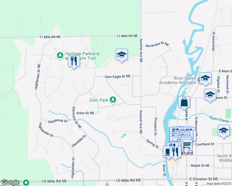 map of restaurants, bars, coffee shops, grocery stores, and more near Highland Drive in Rockford