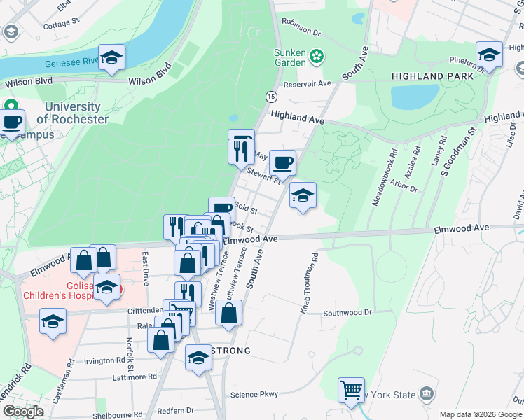 map of restaurants, bars, coffee shops, grocery stores, and more near 63 Langslow Street in Rochester
