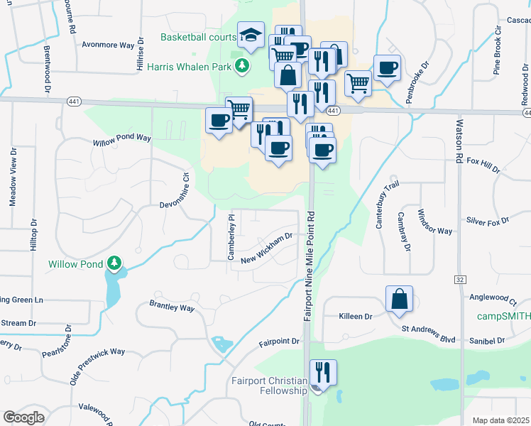 map of restaurants, bars, coffee shops, grocery stores, and more near 165 New Wickham Drive in Penfield