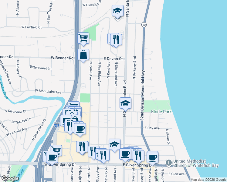 map of restaurants, bars, coffee shops, grocery stores, and more near 6028 North Shoreland Avenue in Whitefish Bay