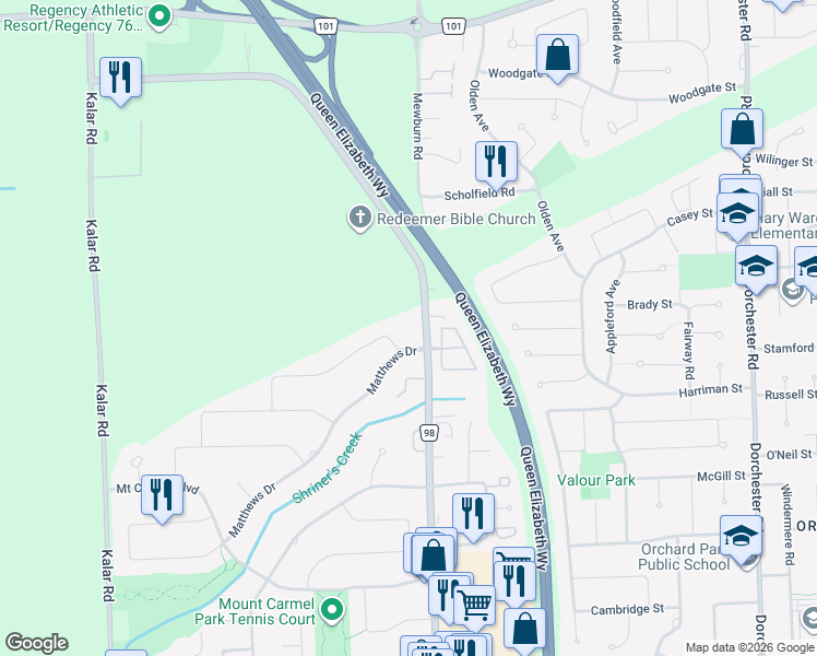 map of restaurants, bars, coffee shops, grocery stores, and more near 7679 Bishop Avenue in Niagara Falls