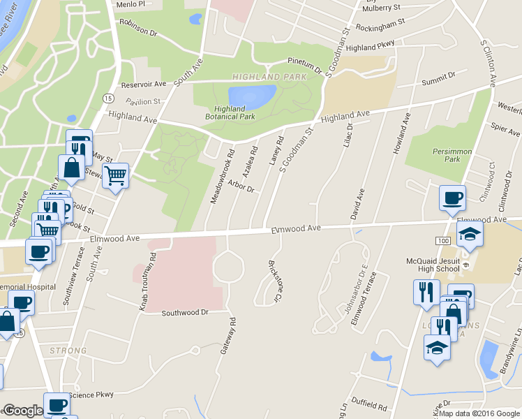 map of restaurants, bars, coffee shops, grocery stores, and more near 1219-1419 South Goodman Street in Rochester