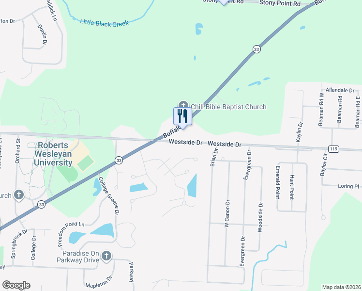 map of restaurants, bars, coffee shops, grocery stores, and more near 2171 Westside Drive in Rochester
