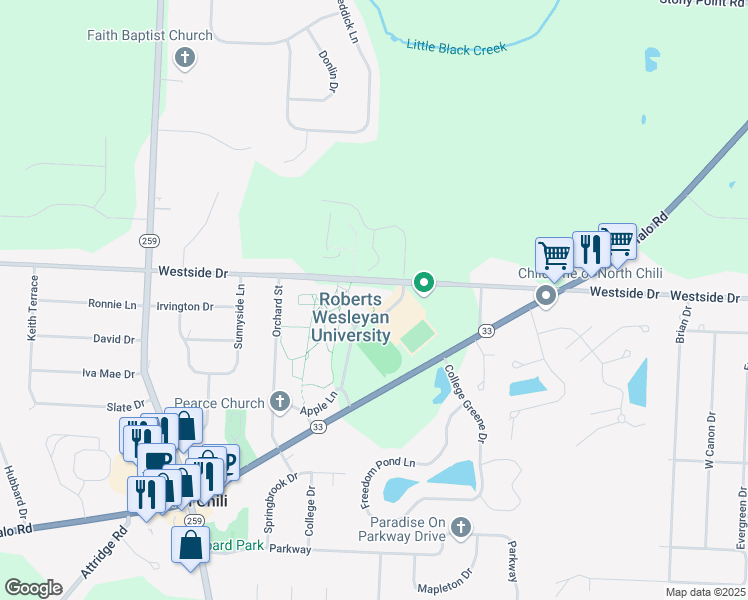map of restaurants, bars, coffee shops, grocery stores, and more near Chesbrough Drive in Rochester