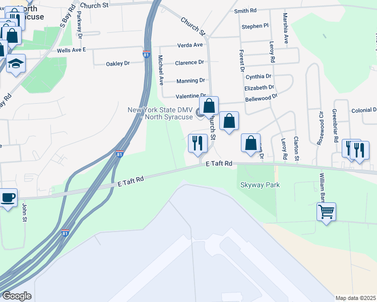map of restaurants, bars, coffee shops, grocery stores, and more near 2 Bellevue Drive in North Syracuse