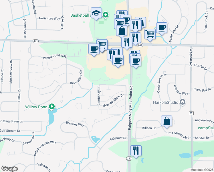 map of restaurants, bars, coffee shops, grocery stores, and more near 128 Camberley Place in Penfield