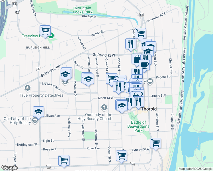 map of restaurants, bars, coffee shops, grocery stores, and more near 19 Queen Street North in Thorold