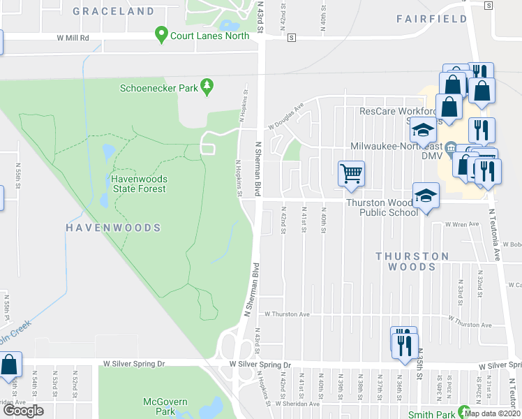 map of restaurants, bars, coffee shops, grocery stores, and more near 5962 North Sherman Boulevard in Milwaukee