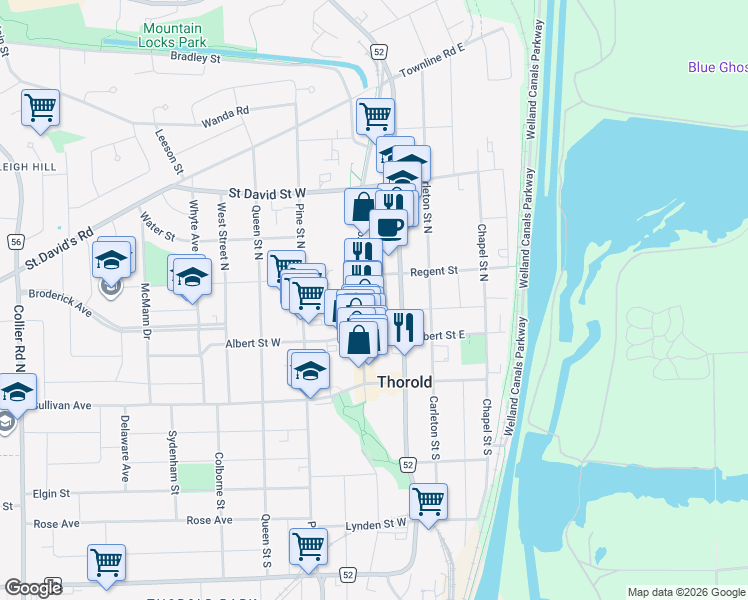 map of restaurants, bars, coffee shops, grocery stores, and more near 40 Front Street North in Thorold