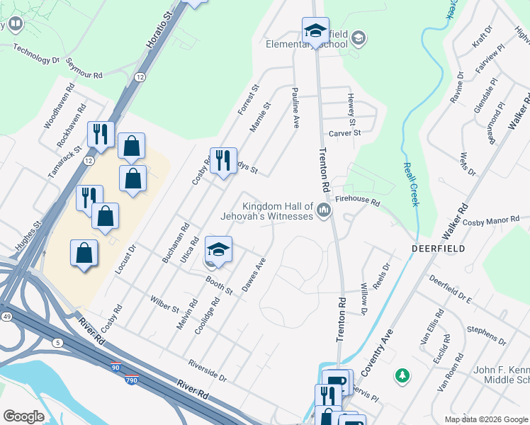 map of restaurants, bars, coffee shops, grocery stores, and more near 724 Dawes Avenue in Utica
