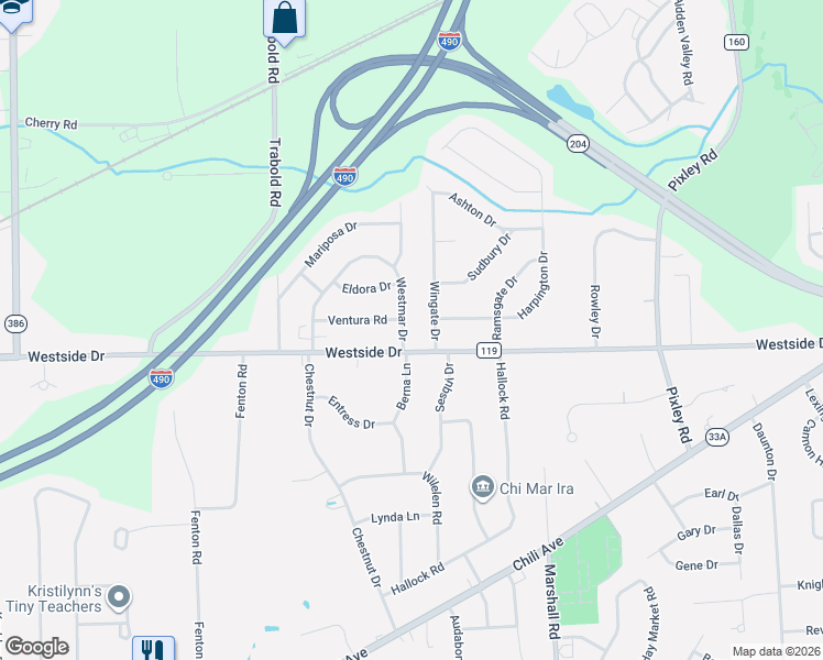 map of restaurants, bars, coffee shops, grocery stores, and more near 1 Ventura Road in Rochester