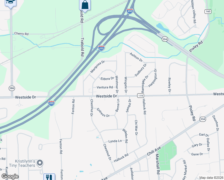 map of restaurants, bars, coffee shops, grocery stores, and more near 1 Ventura Road in Rochester