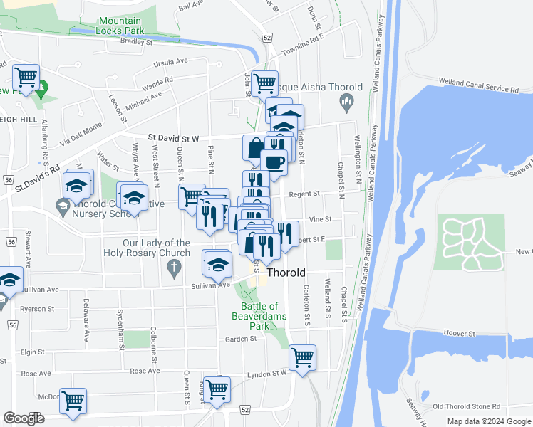 map of restaurants, bars, coffee shops, grocery stores, and more near in Thorold