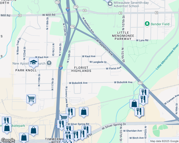 map of restaurants, bars, coffee shops, grocery stores, and more near 11140 West Florist Avenue in Milwaukee