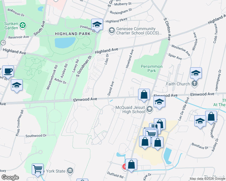 map of restaurants, bars, coffee shops, grocery stores, and more near 200 David Avenue in Rochester