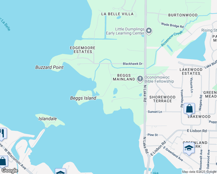 map of restaurants, bars, coffee shops, grocery stores, and more near 414 Beggs Isle Drive in Oconomowoc