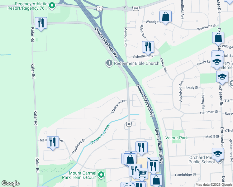 map of restaurants, bars, coffee shops, grocery stores, and more near 7679 Bishop Avenue in Niagara Falls