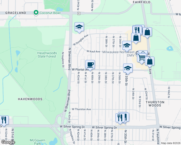 map of restaurants, bars, coffee shops, grocery stores, and more near 5975 North 40th Street in Milwaukee