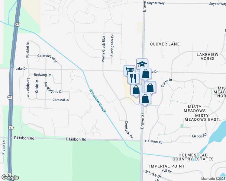 map of restaurants, bars, coffee shops, grocery stores, and more near 1235 Prairie Creek Boulevard in Oconomowoc