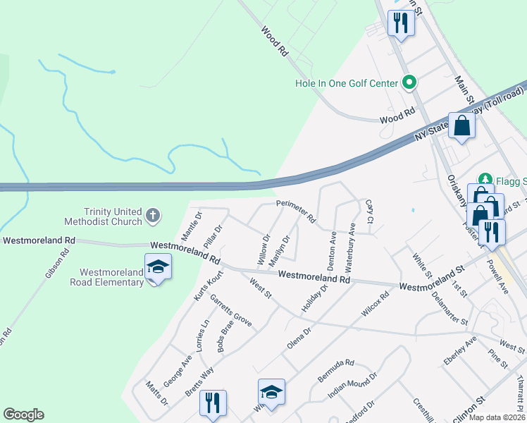 map of restaurants, bars, coffee shops, grocery stores, and more near 12 Perimeter Road in Whitesboro