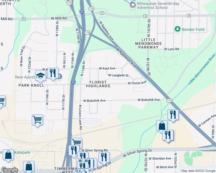 map of restaurants, bars, coffee shops, grocery stores, and more near 11140 West Florist Avenue in Milwaukee