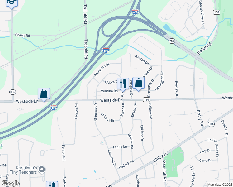 map of restaurants, bars, coffee shops, grocery stores, and more near 1 Ventura Road in Rochester