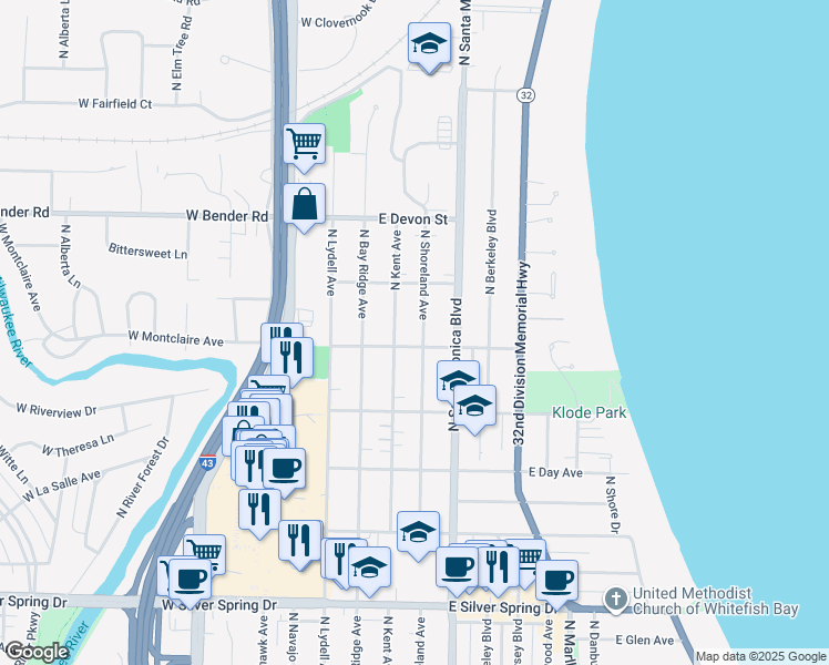 map of restaurants, bars, coffee shops, grocery stores, and more near 6028 North Shoreland Avenue in Whitefish Bay