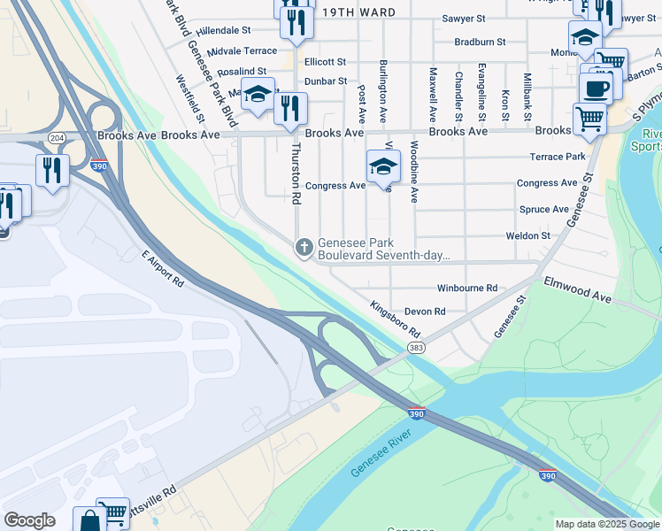 map of restaurants, bars, coffee shops, grocery stores, and more near 351 Genesee Park Boulevard in Rochester