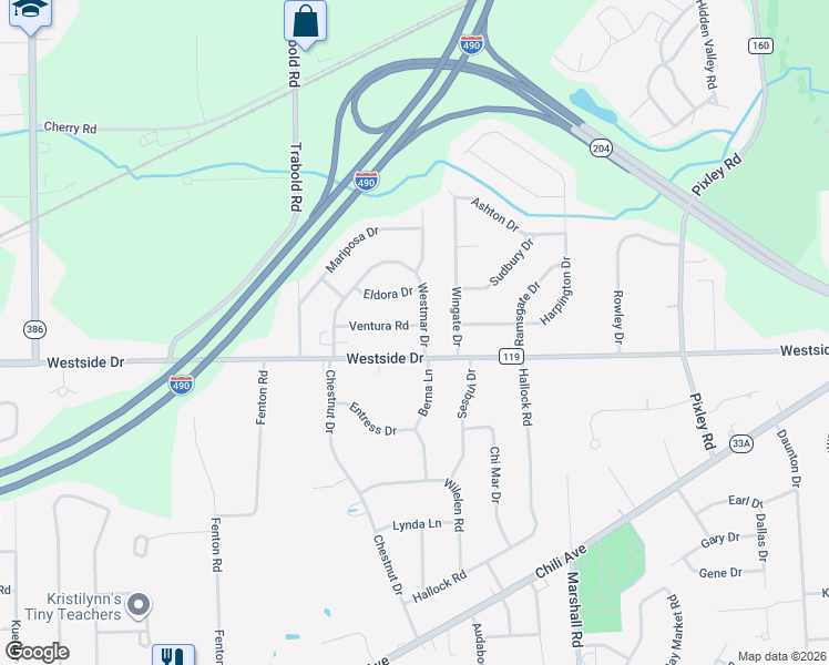 map of restaurants, bars, coffee shops, grocery stores, and more near 1 Ventura Road in Rochester