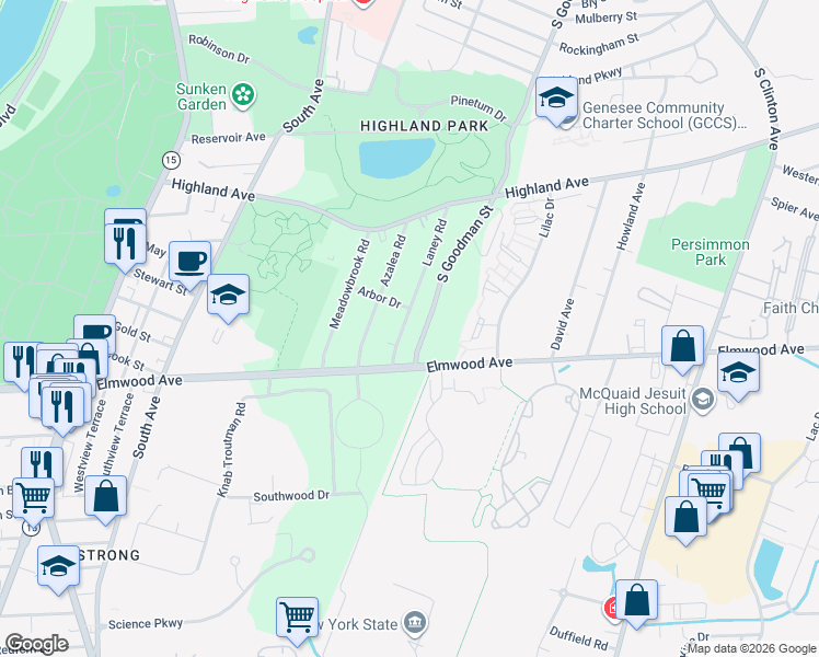 map of restaurants, bars, coffee shops, grocery stores, and more near 166 Laney Road in Rochester