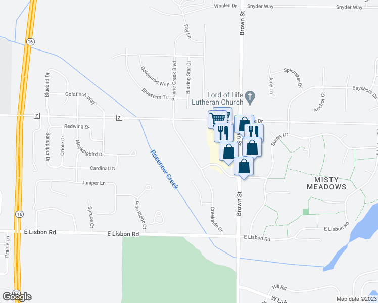 map of restaurants, bars, coffee shops, grocery stores, and more near 1220 Prairie Creek Boulevard in Oconomowoc