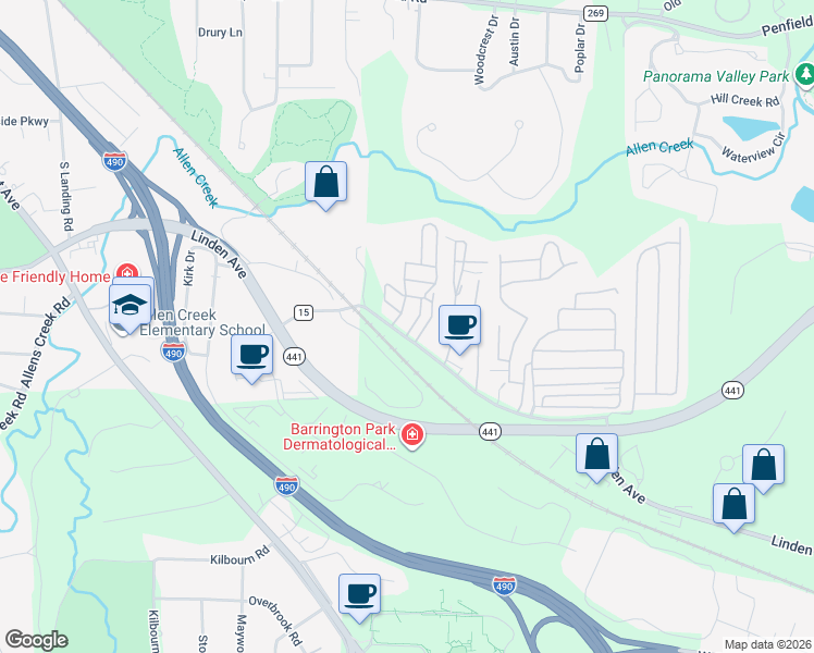 map of restaurants, bars, coffee shops, grocery stores, and more near 2 Acorn Drive in Monroe County