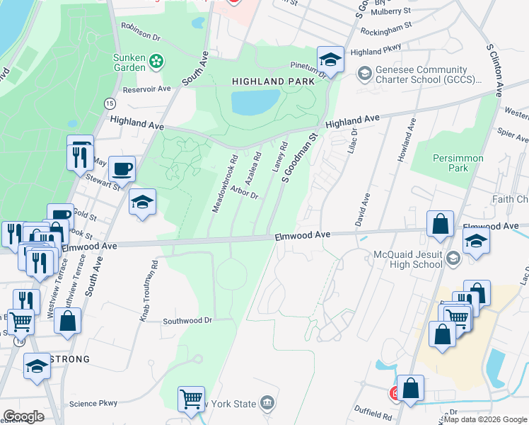 map of restaurants, bars, coffee shops, grocery stores, and more near 166 Laney Road in Rochester