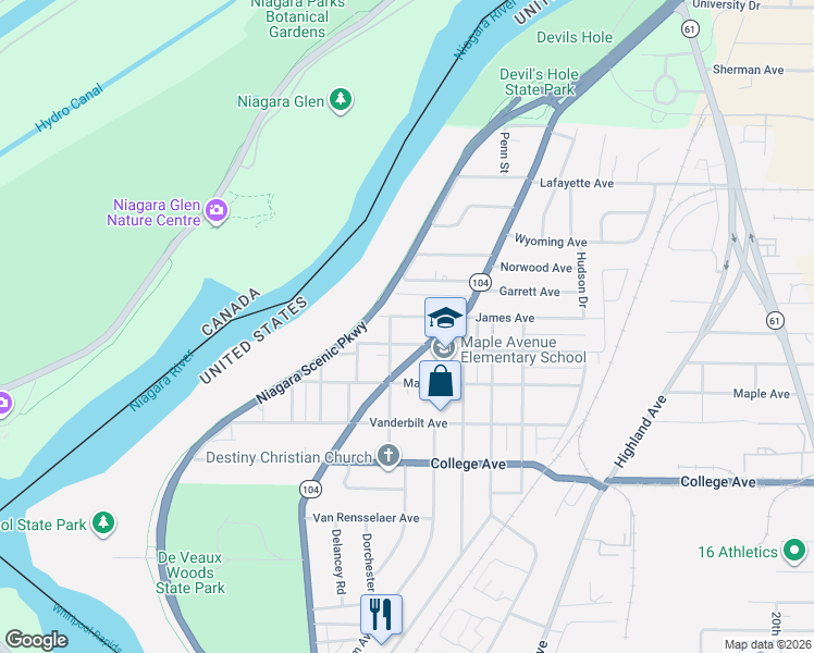 map of restaurants, bars, coffee shops, grocery stores, and more near 4213 Washington Street in Niagara Falls
