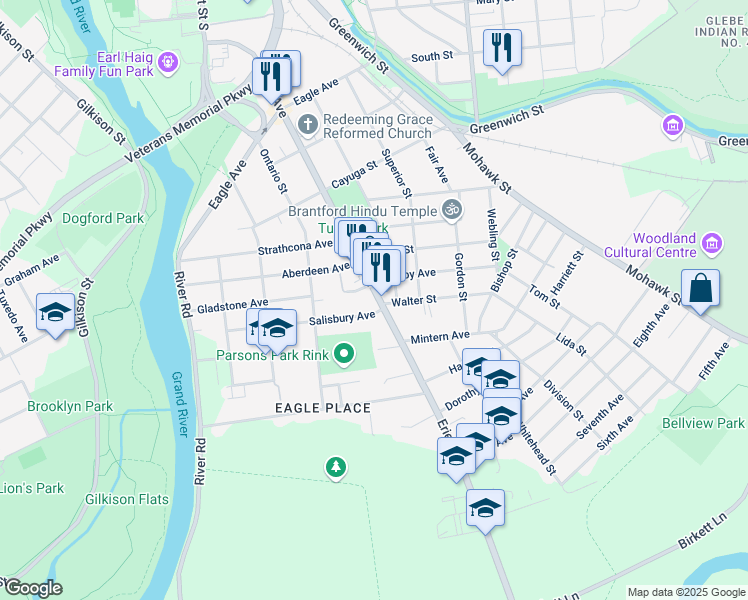 map of restaurants, bars, coffee shops, grocery stores, and more near 207 Erie Avenue in Brantford