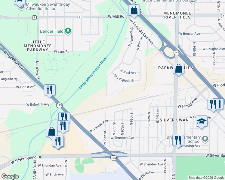 map of restaurants, bars, coffee shops, grocery stores, and more near 5932 North 99th Street in Milwaukee