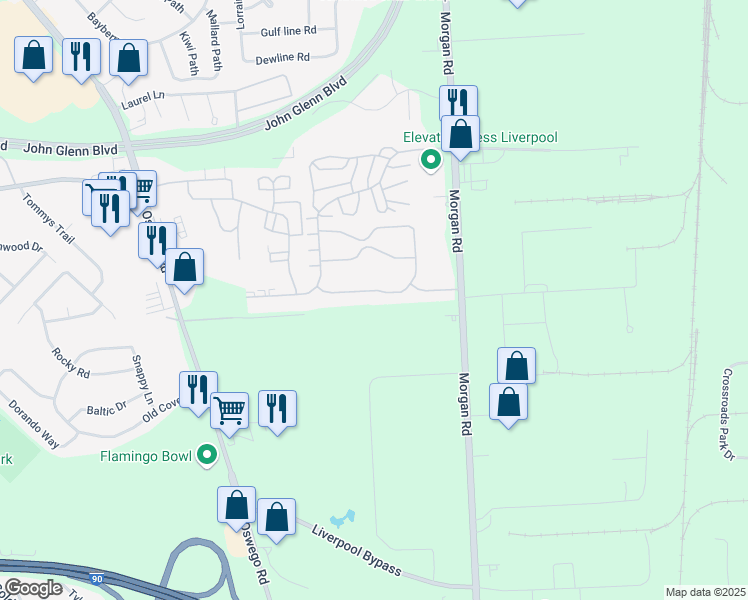map of restaurants, bars, coffee shops, grocery stores, and more near 4400 Plantation Boulevard in Bayberry