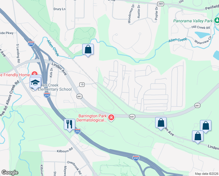 map of restaurants, bars, coffee shops, grocery stores, and more near 2 Acorn Drive in Monroe County