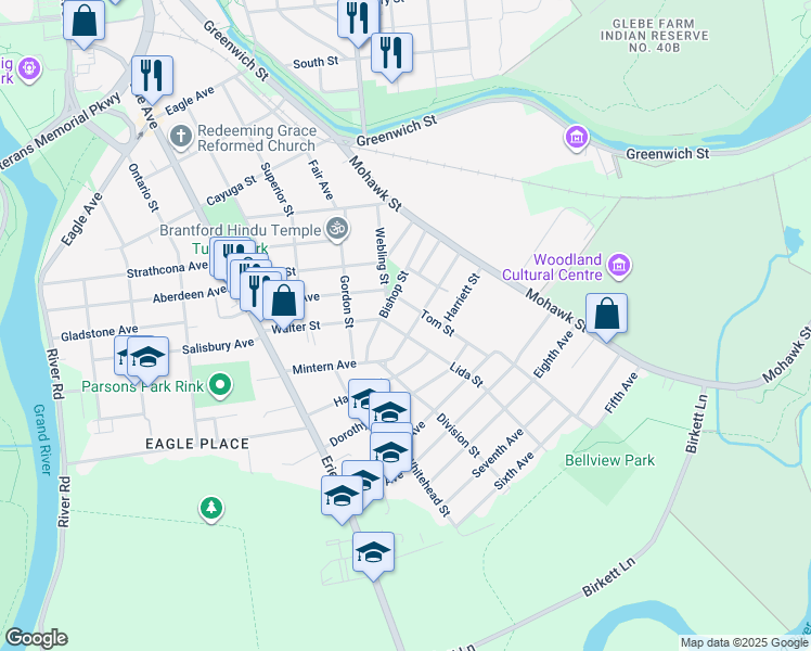 map of restaurants, bars, coffee shops, grocery stores, and more near in Brantford