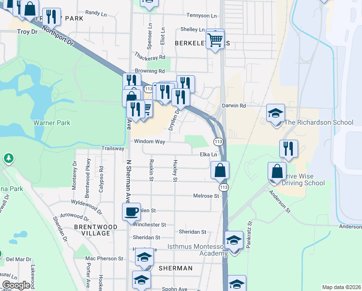 map of restaurants, bars, coffee shops, grocery stores, and more near 1905 Windom Way in Madison