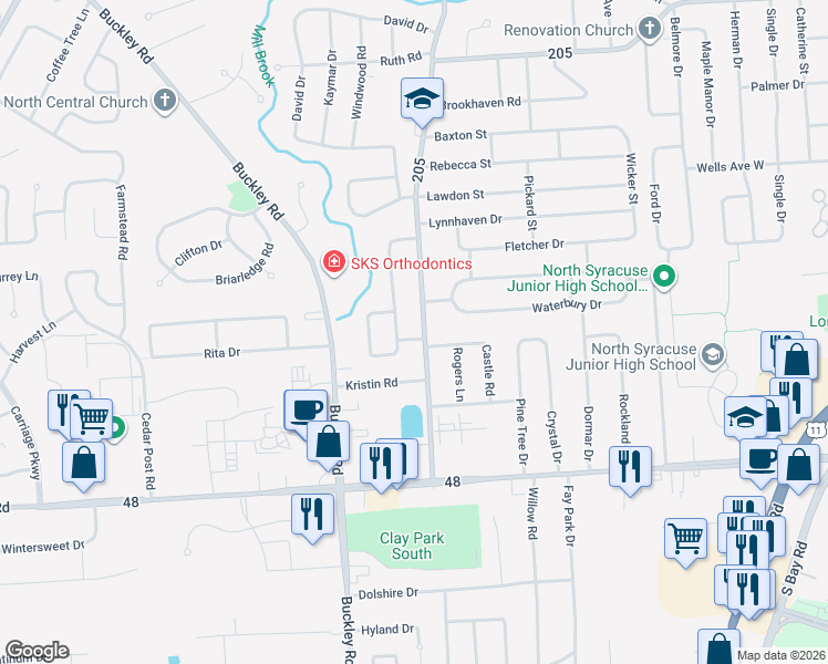 map of restaurants, bars, coffee shops, grocery stores, and more near 301 Allen Road in Syracuse