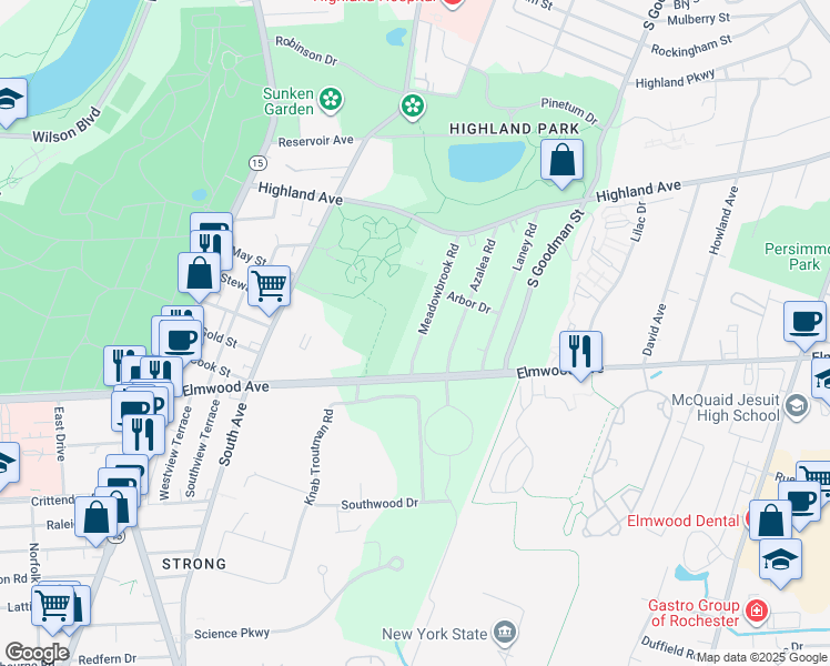 map of restaurants, bars, coffee shops, grocery stores, and more near 145 Meadowbrook Road in Rochester