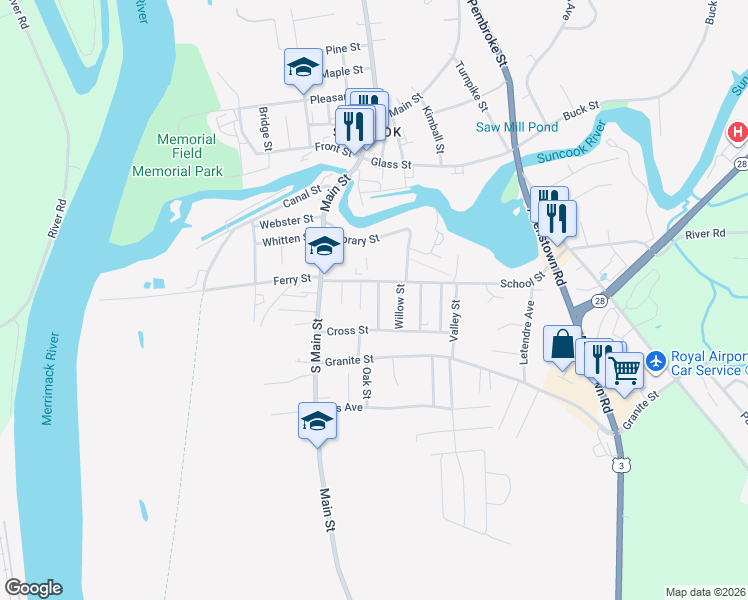 map of restaurants, bars, coffee shops, grocery stores, and more near 10 Reserve Street in Suncook