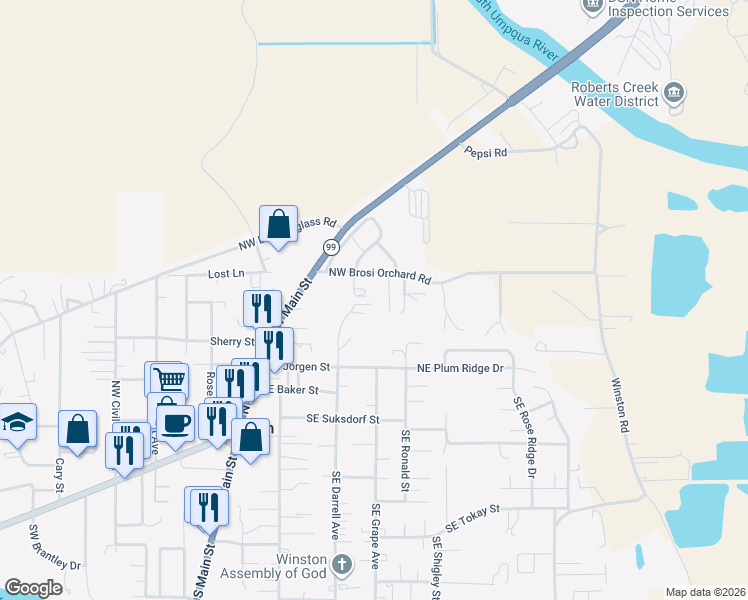 map of restaurants, bars, coffee shops, grocery stores, and more near 231 Northeast Darrell Avenue in Winston