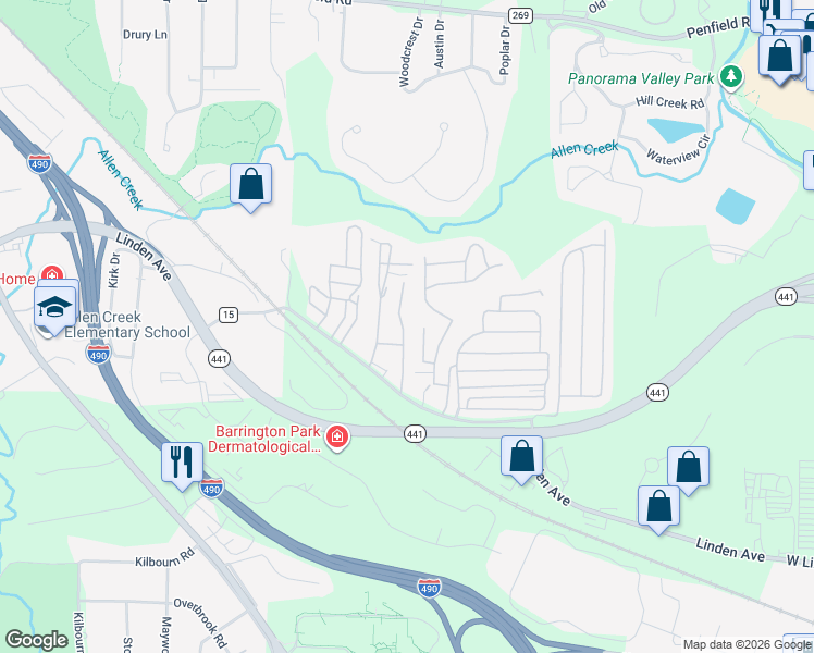 map of restaurants, bars, coffee shops, grocery stores, and more near 21 Ewald Drive in Rochester