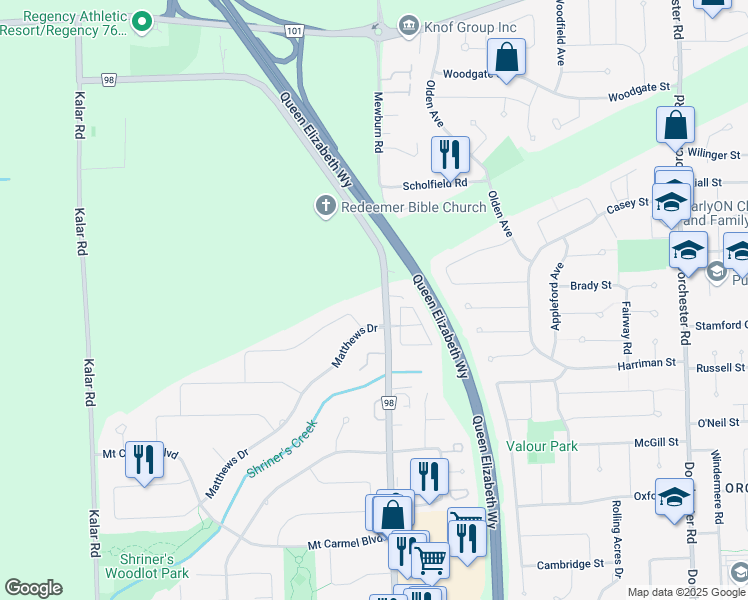 map of restaurants, bars, coffee shops, grocery stores, and more near 3151 Montrose Road in Niagara Falls